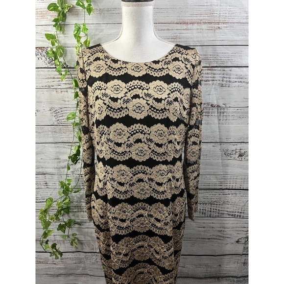 Cremieux Dress size 12 Gold Black Lace Straight Sheath Stretch Cocktail Knee - Picture 2 of 14